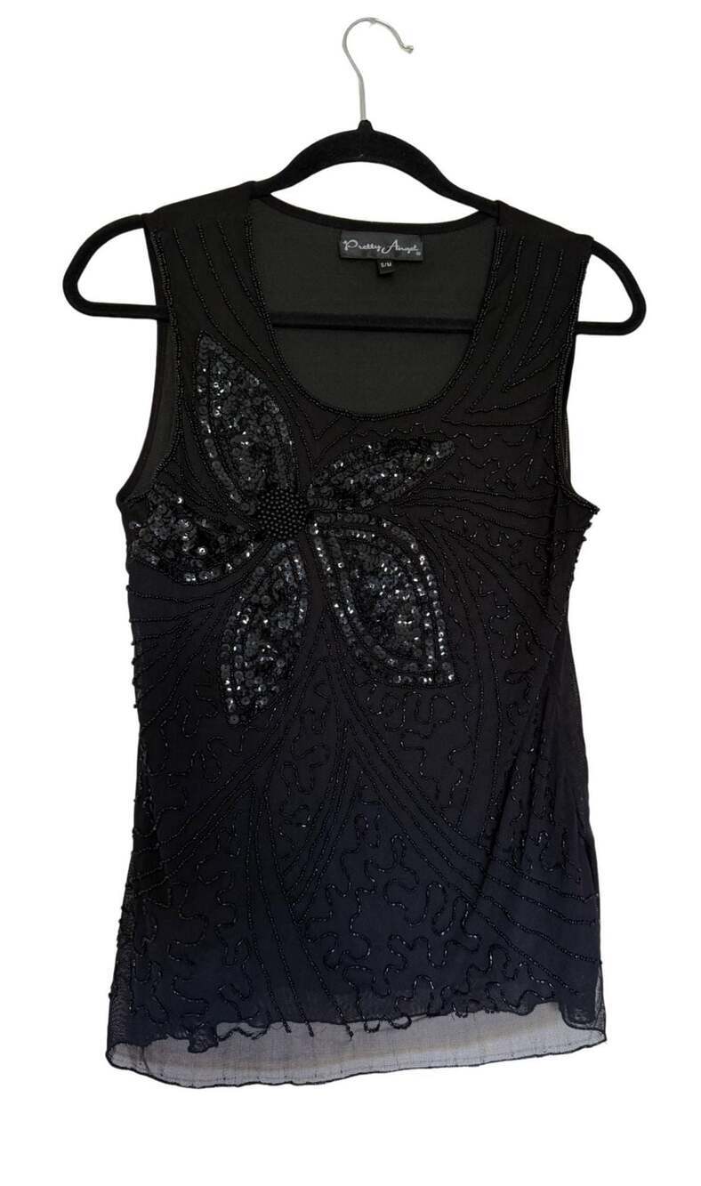 Pretty Angel Sleeveless Black Beaded Mesh Tank Top with Sequin Flower Detail Siz